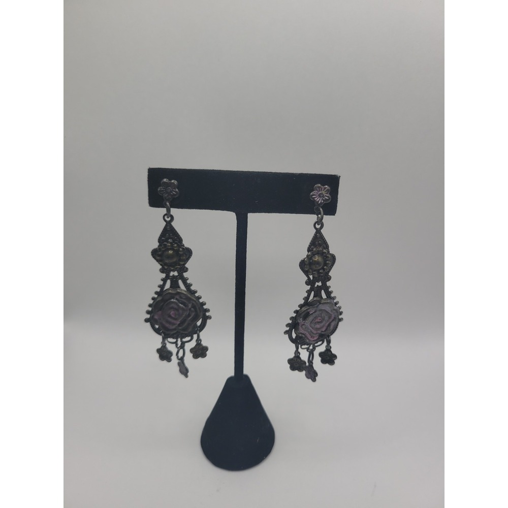 Vintage Antiqued Silver Tone Pink Rose Filigree Dangle Earrings Floral Victorian